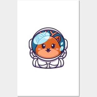 Cute baby deer wearing an astronaut suit, cartoon character Posters and Art